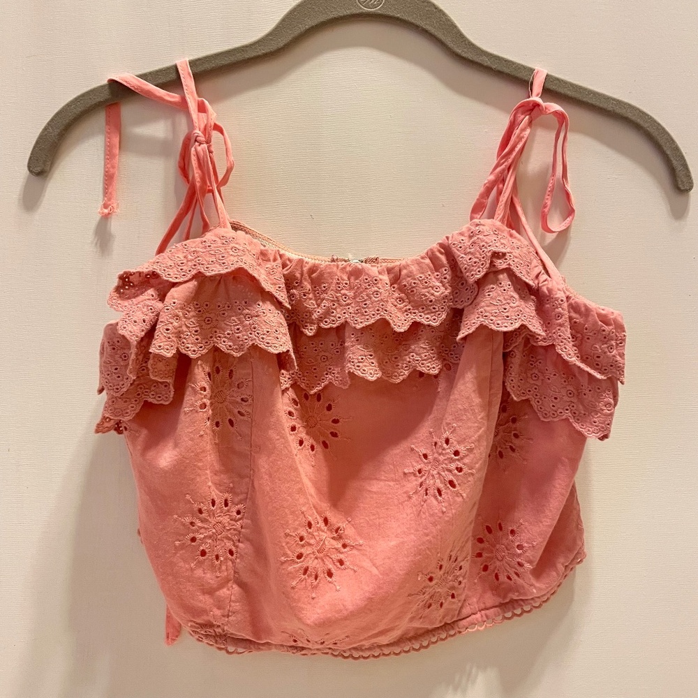 Eyelet Lace Ruffle Spaghetti Strap M Tank Top Cropped Boho Coquette Dainty